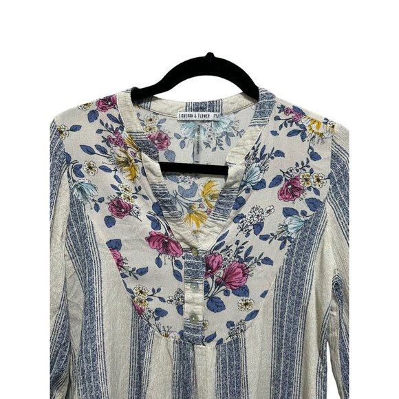 Figueroa And Flower Peasant Top Womens Petite Medium Floral Striped‎ Short Boho - Picture 3 of 10